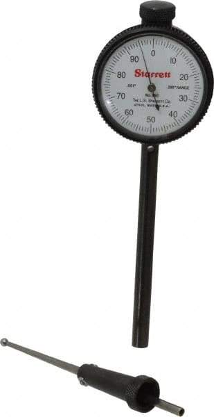 Starrett - 0.2 Inch Range, 0.001 Inch Dial Graduation, Dial Test Indicator - 1-11/16 Inch White Dial, 0-100 Dial Reading - Industrial Tool & Supply