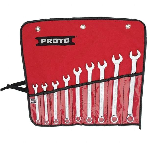 Proto - 9 Piece, 7mm to 15mm, 12 Point Combination Wrench Set - Metric Measurement Standard, Full Polish Finish, Comes in Vinyl Roll - Industrial Tool & Supply