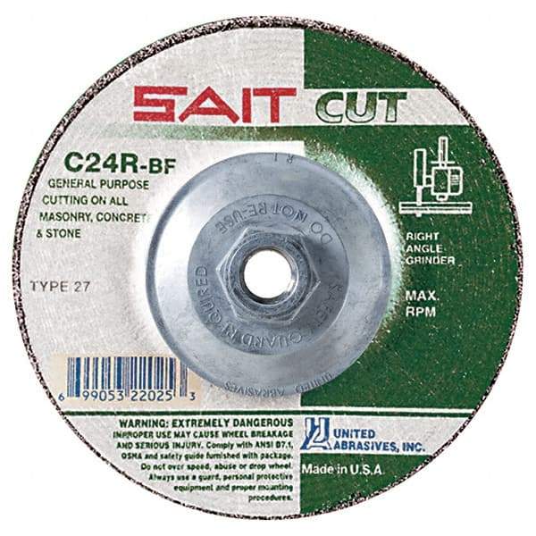 Sait - 24 Grit, 5" Wheel Diam, 1/8" Wheel Thickness, Type 27 Depressed Center Wheel - Silicon Carbide, Resinoid Bond, R Hardness, 12,200 Max RPM, Compatible with Angle Grinder - Industrial Tool & Supply