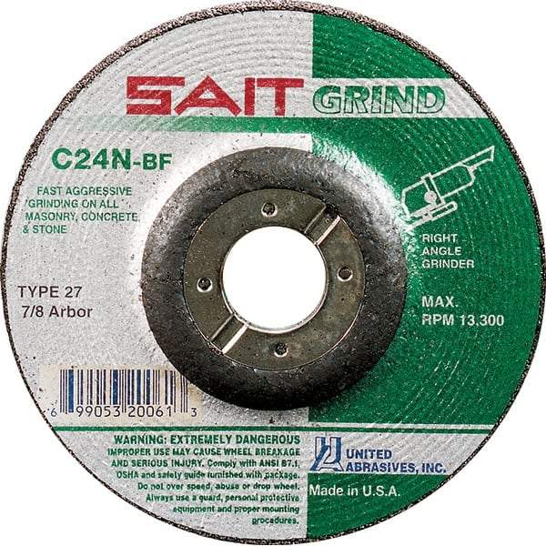 Sait - 24 Grit, 9" Wheel Diam, 1/4" Wheel Thickness, 7/8" Arbor Hole, Type 27 Depressed Center Wheel - Silicon Carbide, Resinoid Bond, N Hardness, 6,600 Max RPM, Compatible with Angle Grinder - Industrial Tool & Supply
