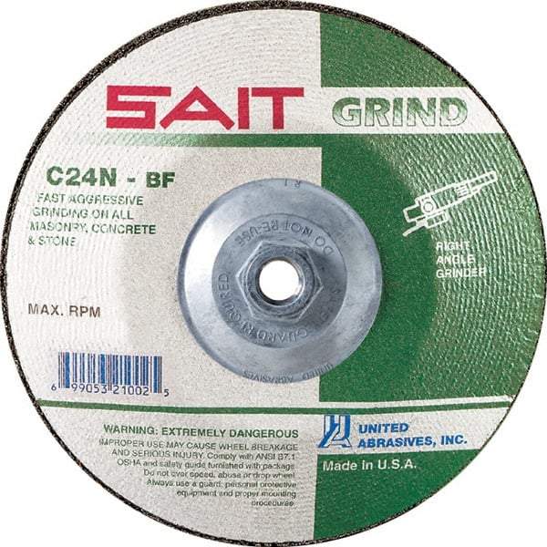 Sait - 24 Grit, 5" Wheel Diam, 1/4" Wheel Thickness, Type 27 Depressed Center Wheel - Silicon Carbide, Resinoid Bond, N Hardness, 12,200 Max RPM, Compatible with Angle Grinder - Industrial Tool & Supply