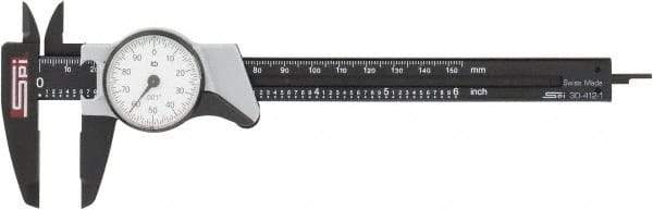 SPI - 0" to 6" Range, 0.001" Graduation, 0.1" per Revolution, Dial Caliper - White Face, 1.57" Jaw Length - Industrial Tool & Supply