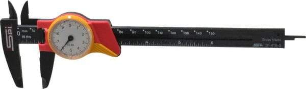 SPI - 0mm to 150mm Range, 0.1 mm Graduation, 10mm per Revolution, Dial Caliper - White Face, 1.57" Jaw Length - Industrial Tool & Supply