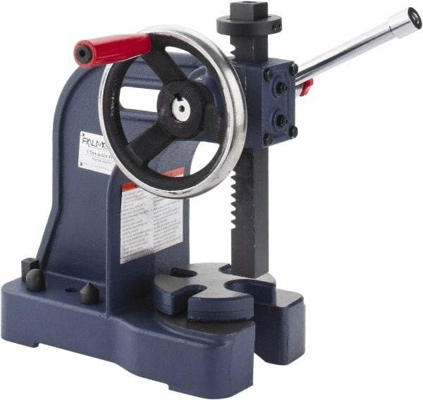 Palmgren - 1" Ram, 4" Throat Depth, 1 Ton Manual Arbor Press - 5-1/2" Max Work Height x 8" Max Work Width, Single Leverage, 5" Base Width x 10-1/2" Base Depth - Industrial Tool & Supply