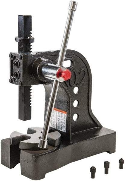 Palmgren - 1-1/4" Ram, 5-15/16" Throat Depth, 2 Ton Manual Arbor Press - 8" Max Work Height x 11-7/8" Max Work Width, Single Leverage, 6-1/2" Base Width x 16" Base Depth - Industrial Tool & Supply