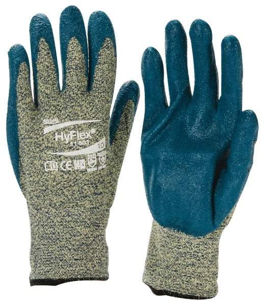 Ansell - Size XL (10), ANSI Cut Lvl 4, Abrasion Lvl 3, Nitrile Coated Cut Resistant Gloves - Palm & Fingers Coated, Kevlar Lining, Knit Wrist, Blue, Paired - Industrial Tool & Supply
