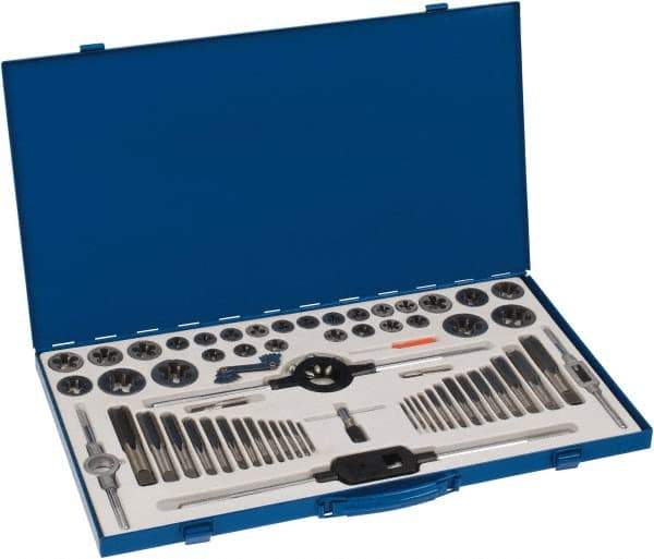 Interstate - #4-40 to 1-14 Tap, NPT, UNC, UNF, Tap and Die Set - Carbon Steel, Carbon Steel Taps, Nonadjustable, 64 Piece Set with Metal Case - Exact Industrial Supply