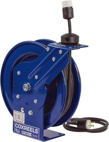 CoxReels - 12 AWG, 75' Cable Length, Cord & Cable Reel with Outlet End - 1 Outlet, NEMA 5-20R, 20 Amps, 115 Volts, SJO Cable, Blue Reel, Spring Driven Reel - Industrial Tool & Supply