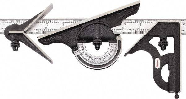 Starrett - 4 Piece, 12" Combination Square Set - 1/16, 1/32, 1/64 & 1/8" (4R) Graduation, Hardened Steel Blade, Cast Iron Center, Protractor & Square Head - Industrial Tool & Supply