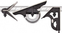 Starrett - 4 Piece, 12" Combination Square Set - 1/16, 1/32, 1/64 & 1/8" (4R) Graduation, Hardened Steel Blade, Cast Iron Center, Protractor & Square Head - Industrial Tool & Supply