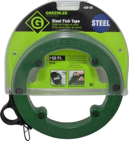 Greenlee - 50 Ft. Long x 1/8 Inch Wide, 3/64 Inch Thick, Steel Fish Tape - 400 Lb. Pulling Strength, Includes Case - Industrial Tool & Supply