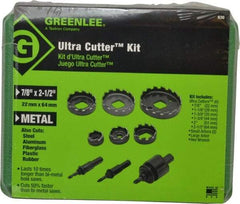 Greenlee - 9 Piece, 7/8" to 2-1/2" Saw Diam, Electrician's Hole Saw Kit - High Speed Steel, Toothed Edge, Includes 6 Hole Saws - Industrial Tool & Supply
