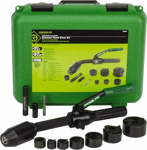 Greenlee - 11 Piece, 1/2 to 2" Punch Hole Diam, Hydraulic Punch Driver Kit - Round Punch, 10 Gage Mild Steel - Industrial Tool & Supply