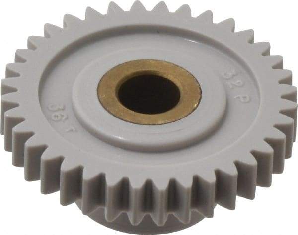 Made in USA - 32 Pitch, 1-1/8" Pitch Diam, 1-3/16" OD, 36 Tooth Spur Gear - 3/16" Face Width, 1/4" Bore Diam, 39/64" Hub Diam, 20° Pressure Angle, Acetal - Industrial Tool & Supply