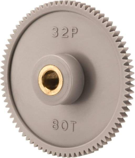 Made in USA - 32 Pitch, 2-1/2" Pitch Diam, 2-9/16" OD, 80 Tooth Spur Gear - 3/16" Face Width, 5/16" Bore Diam, 13/16" Hub Diam, 20° Pressure Angle, Acetal - Industrial Tool & Supply