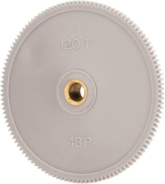 Made in USA - 48 Pitch, 2-1/2" Pitch Diam, 2.542" OD, 120 Tooth Spur Gear - 1/8" Face Width, 1/4" Bore Diam, 39/64" Hub Diam, 20° Pressure Angle, Acetal - Industrial Tool & Supply