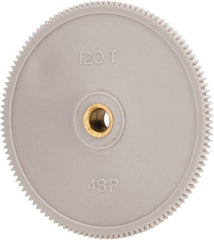 Made in USA - 48 Pitch, 2-1/2" Pitch Diam, 2.542" OD, 120 Tooth Spur Gear - 1/8" Face Width, 1/4" Bore Diam, 39/64" Hub Diam, 20° Pressure Angle, Acetal - Industrial Tool & Supply