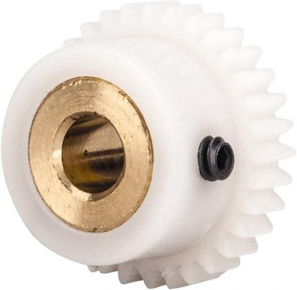 Made in USA - 48 Pitch, 0.667" Pitch Diam, 0.708" OD, 32 Tooth Spur Gear - 1/8" Face Width, 3/16" Bore Diam, 35/64" Hub Diam, 20° Pressure Angle, Acetal - Industrial Tool & Supply