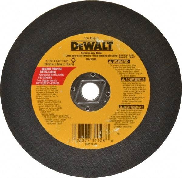 DeWALT - 6-1/2" Aluminum Oxide Cutoff Wheel - 1/8" Thick, 5/8" Arbor, 9,400 Max RPM, Use with Circular Saws - Industrial Tool & Supply