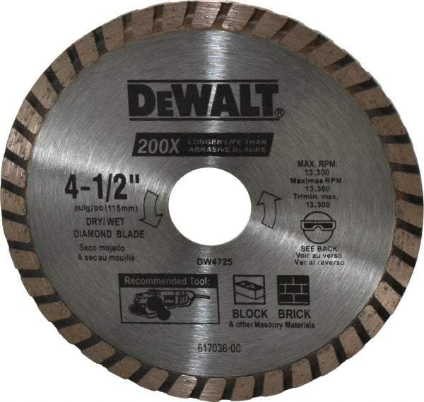 DeWALT - 4-1/2" Diam, 7/8" Arbor Hole Diam, Wet & Dry Cut Saw Blade - Diamond-Tipped, Standard Round Arbor - Industrial Tool & Supply