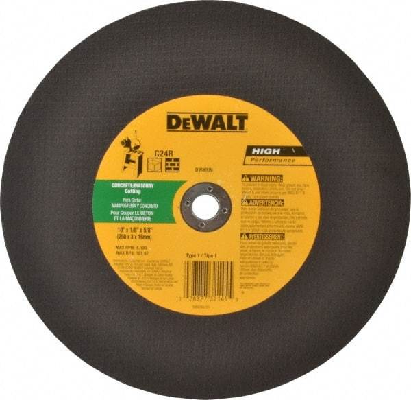 DeWALT - 10" 24 Grit Silicon Carbide Cutoff Wheel - 1/8" Thick, 5/8" Arbor, 6,100 Max RPM, Use with Stationary Tools - Industrial Tool & Supply