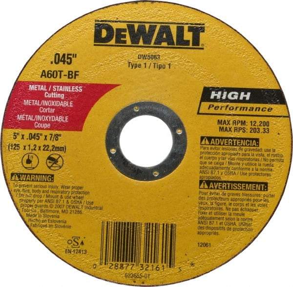 DeWALT - 5" Aluminum Oxide Cutoff Wheel - 0.045" Thick, 7/8" Arbor, 12,200 Max RPM, Use with Circular Saws - Industrial Tool & Supply