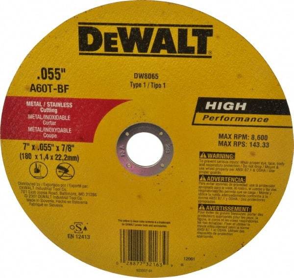 DeWALT - 7" Aluminum Oxide Cutoff Wheel - 0.055" Thick, 7/8" Arbor, 8,700 Max RPM, Use with Circular Saws - Industrial Tool & Supply