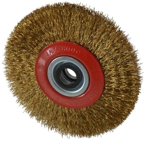 Value Collection - 5" OD, 3/4" Arbor Hole, Crimped Brass-Coated Steel Wheel Brush - 11/16" Face Width, 1-3/32" Trim Length, 0.014" Filament Diam, 6,000 RPM - Industrial Tool & Supply