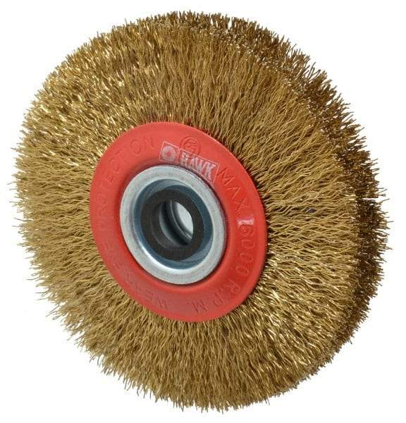 Value Collection - 5" OD, 3/4" Arbor Hole, Crimped Brass-Coated Steel Wheel Brush - 1" Face Width, 1-3/32" Trim Length, 0.014" Filament Diam, 6,000 RPM - Industrial Tool & Supply