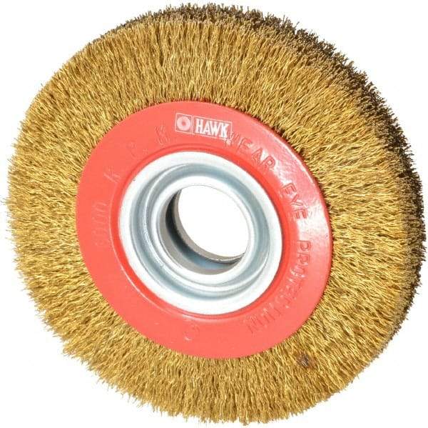 Value Collection - 6" OD, 1-1/4" Arbor Hole, Crimped Brass-Coated Steel Wheel Brush - 1" Face Width, 1-1/8" Trim Length, 0.014" Filament Diam, 6,000 RPM - Industrial Tool & Supply
