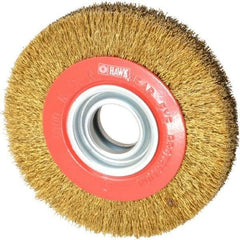 Value Collection - 6" OD, 1-1/4" Arbor Hole, Crimped Brass-Coated Steel Wheel Brush - 1" Face Width, 1-1/8" Trim Length, 0.014" Filament Diam, 6,000 RPM - Industrial Tool & Supply