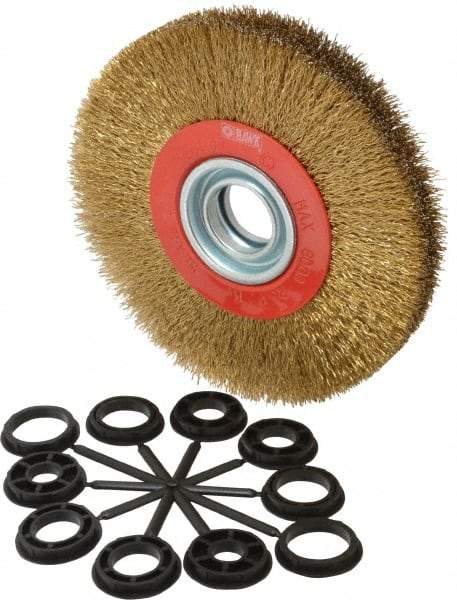 Value Collection - 7" OD, 1-1/4" Arbor Hole, Crimped Brass-Coated Steel Wheel Brush - 1" Face Width, 1-1/2" Trim Length, 0.014" Filament Diam, 6,000 RPM - Industrial Tool & Supply