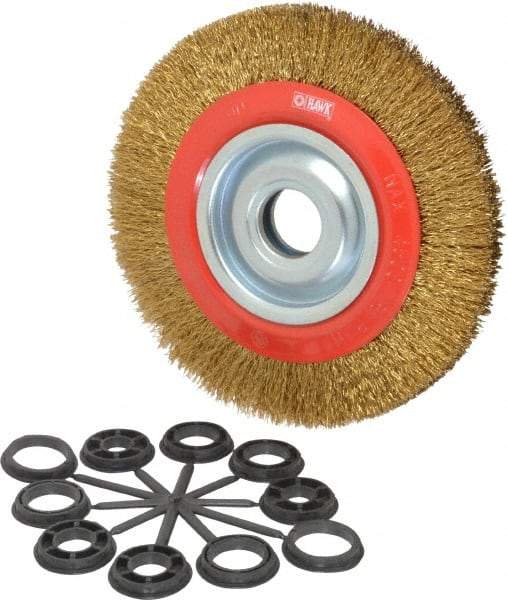 Value Collection - 8" OD, 1-1/4" Arbor Hole, Crimped Brass-Coated Steel Wheel Brush - 3/4" Face Width, 1-11/32" Trim Length, 0.014" Filament Diam, 4,500 RPM - Industrial Tool & Supply