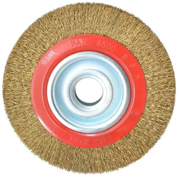Value Collection - 8" OD, 1-1/4" Arbor Hole, Crimped Brass-Coated Steel Wheel Brush - 1" Face Width, 1-11/32" Trim Length, 0.014" Filament Diam, 4,500 RPM - Industrial Tool & Supply