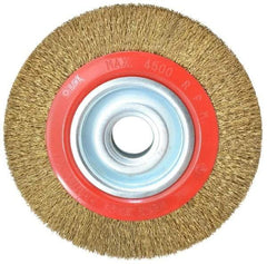 Value Collection - 8" OD, 1-1/4" Arbor Hole, Crimped Brass-Coated Steel Wheel Brush - 1" Face Width, 1-11/32" Trim Length, 0.014" Filament Diam, 4,500 RPM - Industrial Tool & Supply