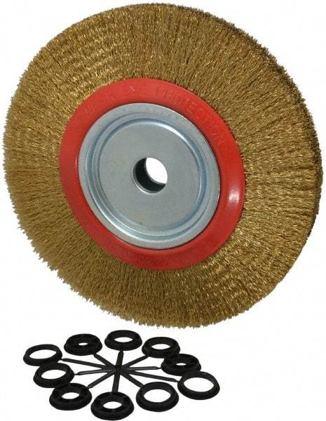 Value Collection - 12" OD, 1-1/4" Arbor Hole, Crimped Brass-Coated Steel Wheel Brush - 1-21/32" Face Width, 2-3/8" Trim Length, 0.014" Filament Diam, 3,000 RPM - Industrial Tool & Supply