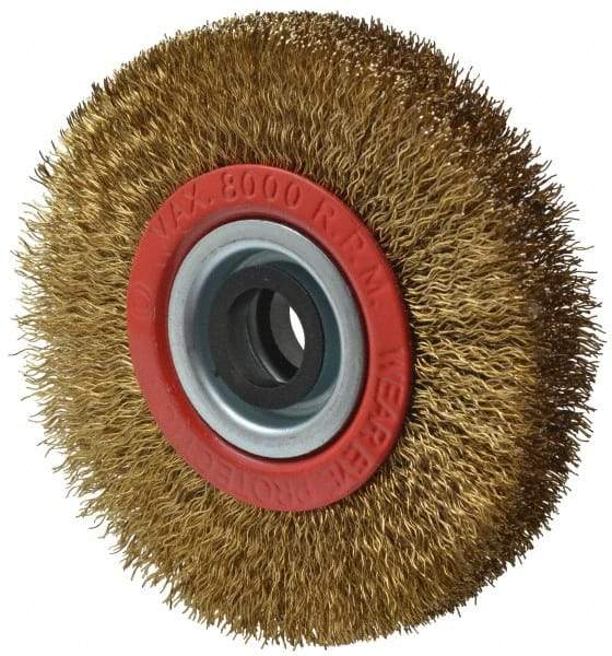Value Collection - 4" OD, 3/4" Arbor Hole, Crimped Brass-Coated Steel Wheel Brush - 5/8" Face Width, 11/16" Trim Length, 0.012" Filament Diam, 8,000 RPM - Industrial Tool & Supply