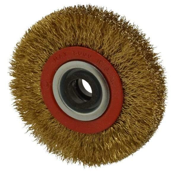 Value Collection - 4" OD, 3/4" Arbor Hole, Crimped Brass-Coated Steel Wheel Brush - 3/4" Face Width, 11/16" Trim Length, 0.012" Filament Diam, 8,000 RPM - Industrial Tool & Supply