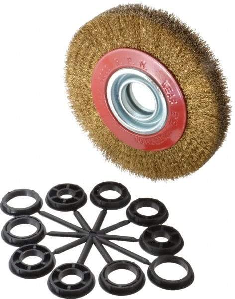 Value Collection - 6" OD, 1-1/4" Arbor Hole, Crimped Brass-Coated Steel Wheel Brush - 1" Face Width, 1-1/8" Trim Length, 0.012" Filament Diam, 6,000 RPM - Industrial Tool & Supply