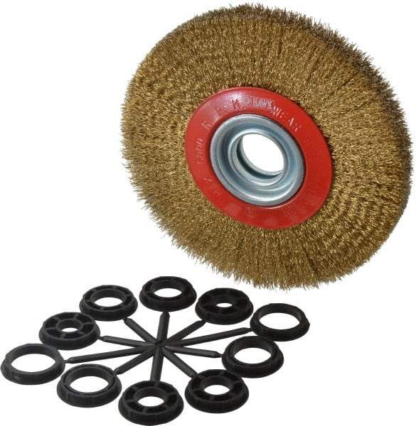 Value Collection - 7" OD, 1-1/4" Arbor Hole, Crimped Brass-Coated Steel Wheel Brush - 1" Face Width, 1-1/2" Trim Length, 0.012" Filament Diam, 6,000 RPM - Industrial Tool & Supply