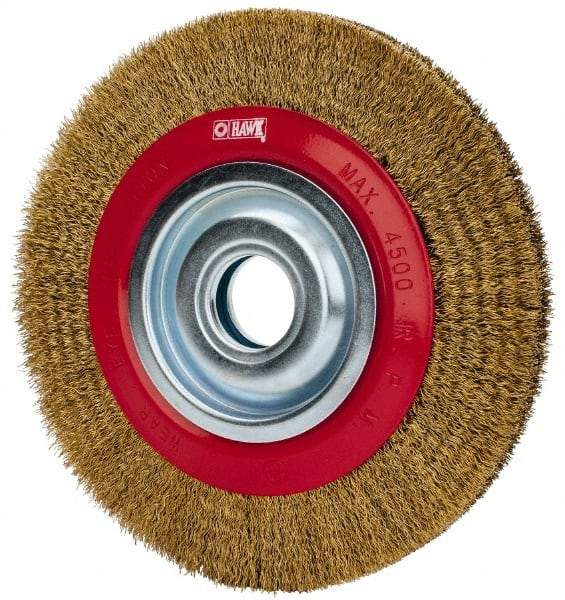 Value Collection - 8" OD, 1-1/4" Arbor Hole, Crimped Brass-Coated Steel Wheel Brush - 3/4" Face Width, 1-11/32" Trim Length, 0.012" Filament Diam, 4,500 RPM - Industrial Tool & Supply