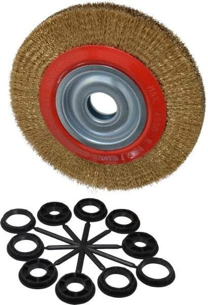 Value Collection - 8" OD, 1-1/4" Arbor Hole, Crimped Brass-Coated Steel Wheel Brush - 1" Face Width, 1-11/32" Trim Length, 0.012" Filament Diam, 4,500 RPM - Industrial Tool & Supply