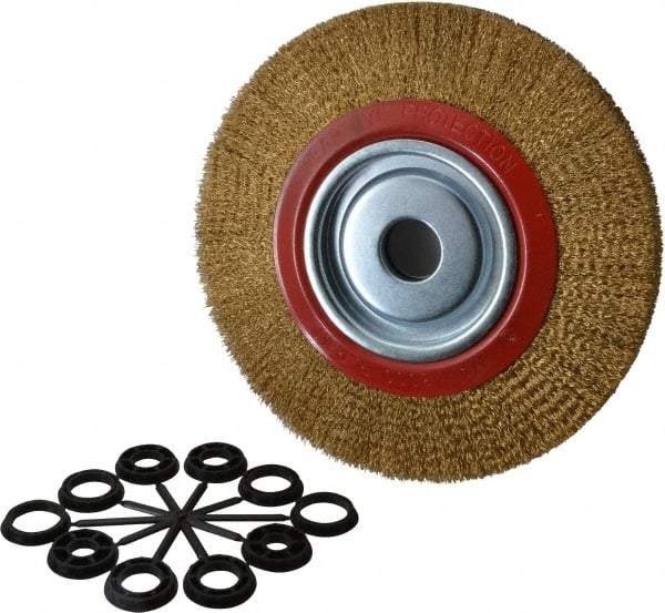 Value Collection - 10" OD, 1-1/4" Arbor Hole, Crimped Brass-Coated Steel Wheel Brush - 1" Face Width, 1-15/32" Trim Length, 0.012" Filament Diam, 3,000 RPM - Industrial Tool & Supply