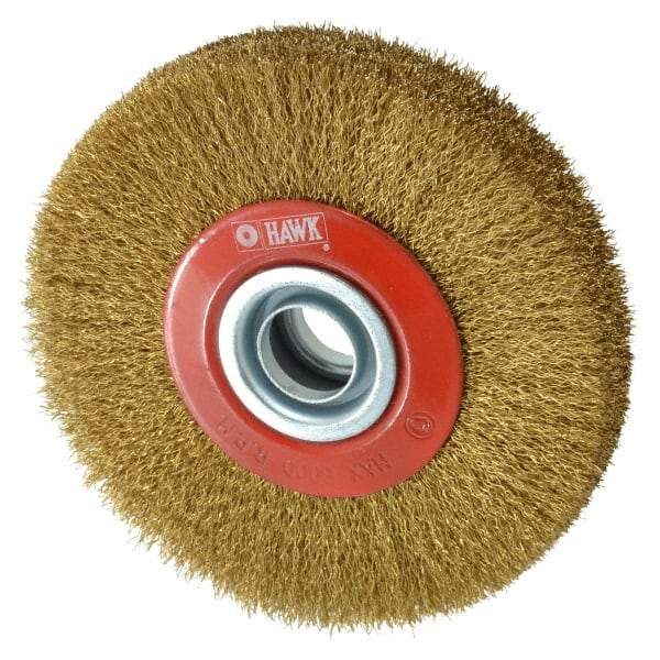 Value Collection - 5" OD, 3/4" Arbor Hole, Crimped Brass-Coated Steel Wheel Brush - 1" Face Width, 1-3/32" Trim Length, 0.007" Filament Diam, 6,000 RPM - Industrial Tool & Supply