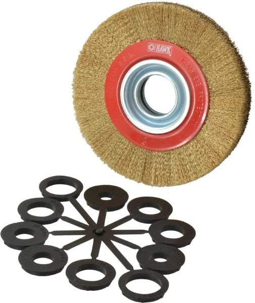 Value Collection - 6" OD, 1-1/4" Arbor Hole, Crimped Brass-Coated Steel Wheel Brush - 11/16" Face Width, 1-1/8" Trim Length, 0.007" Filament Diam, 6,000 RPM - Industrial Tool & Supply