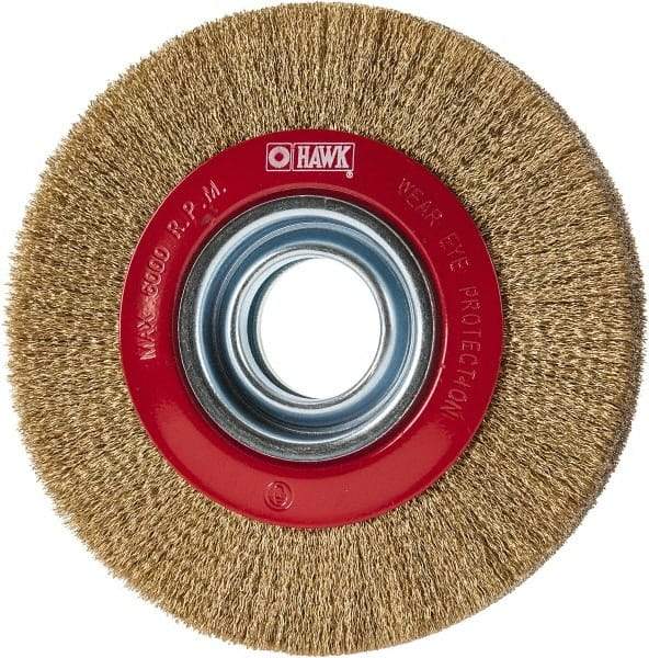 Value Collection - 6" OD, 1-1/4" Arbor Hole, Crimped Brass-Coated Steel Wheel Brush - 1" Face Width, 1-1/8" Trim Length, 0.007" Filament Diam, 6,000 RPM - Industrial Tool & Supply