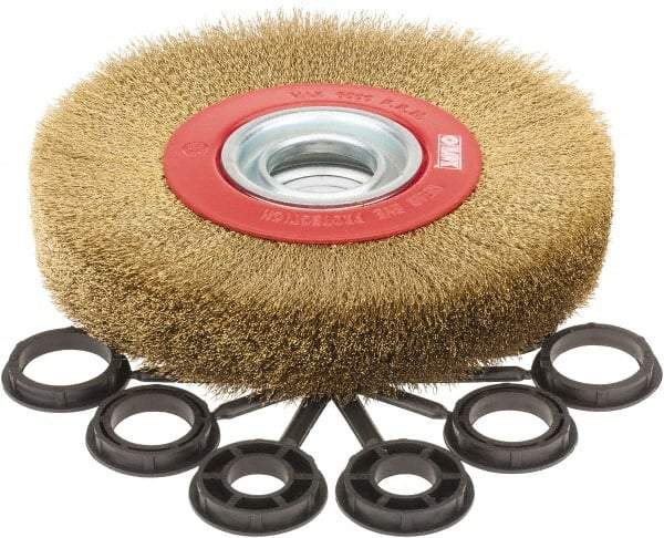 Value Collection - 7" OD, 1-1/4" Arbor Hole, Crimped Brass-Coated Steel Wheel Brush - 1" Face Width, 1-1/2" Trim Length, 0.007" Filament Diam, 6,000 RPM - Industrial Tool & Supply