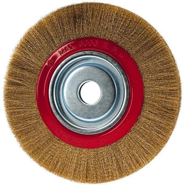 Value Collection - 10" OD, 1-1/4" Arbor Hole, Crimped Brass-Coated Steel Wheel Brush - 1" Face Width, 1-15/32" Trim Length, 0.007" Filament Diam, 3,000 RPM - Industrial Tool & Supply