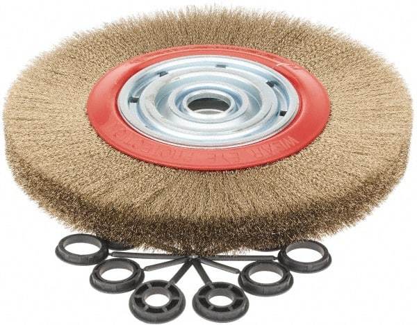 Value Collection - 12" OD, 1-1/4" Arbor Hole, Crimped Brass-Coated Steel Wheel Brush - 1-3/16" Face Width, 2-3/8" Trim Length, 0.007" Filament Diam, 3,000 RPM - Industrial Tool & Supply