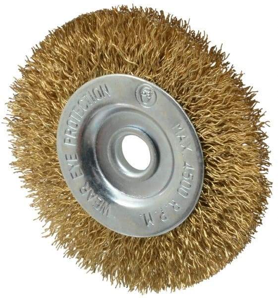 Value Collection - 3" OD, 3/8" Arbor Hole, Crimped Brass-Coated Steel Wheel Brush - 3/8" Face Width, 5/8" Trim Length, 0.012" Filament Diam, 4,500 RPM - Industrial Tool & Supply